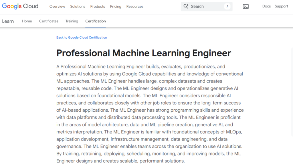 Professional Machine Learning Engineer certification